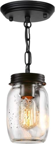PUZHI Home Glass Pendant 1-Light Mason Jar Pendant Light Fixture for Modern Kitchen Island Barn Farm Living Room-Transparent