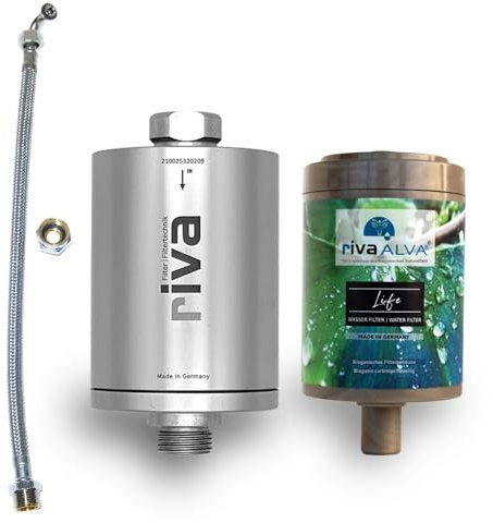 rivaALVA Life Juego de filtro de agua potable para el fregadero, filtra cloro, productos farmacéuticos, metales pesados, bacterias y microplásticos, carcasa metálica en color plata