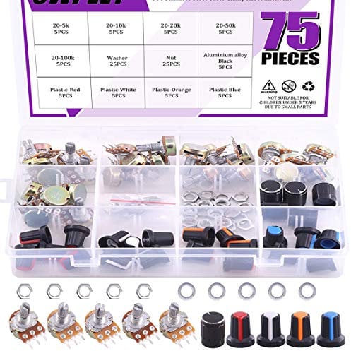 Swpeet 75Pcs B5K 10K 20K 50K 100K Ohm geknöpfte Welle Linear Drehkegel Potentiometer mit 5 verschiedenen Arten Knopf (WH148) Kit zum Basteln