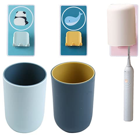 DBAILY Toothbrush Holders with Cup, Mouthwash Cups Reusable Plastic with Sticky Hooks Dustproof Waterproof Multifunctional Toothpaste Holder for Bathroom Kitchen Toilet (blue)