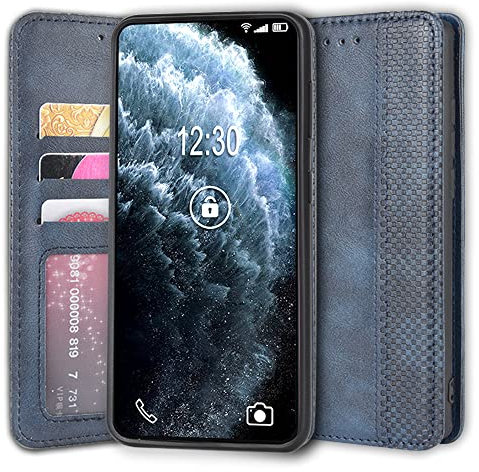 Sinyunron Handyhülle Kompatibel mit LG G8 ThinQ Hülle Leder Handytasche Schutzhülle Klappbar Magnetverschluss Retro Business Klassisches Design Brieftasche,Blau