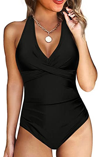 Maillots de Bain Une Pièce pour Femme, Col en V, Coussinets Internes Amovibles pour Le Contrôle du Ventre Push Up Maillots de Bain Dos Nu, 1 Pièce Elégant Amincissante Monokini Maillot (Noir, M)