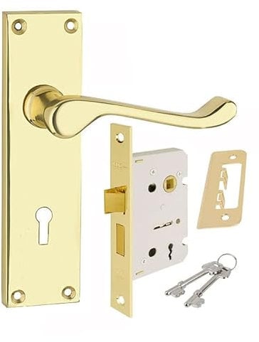 HANDLESTORE Victorian Scroll Locking Lever Backplate Door Handle - Pair of Handles with Sash Lock - Four Colours (Polished Brass)