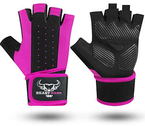 BEAST RAGE Guanti per sollevamento pesi per uomini e donne Supporto per polso imbottito Protezione del palmo traspirante aderente per fitness, allenamento, ciclismo,(rosa, L)