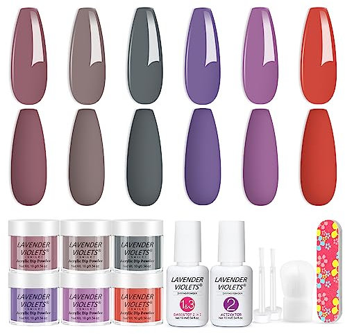 Lavender Violets 6 Farben Dip-Pulver-System French Nagelkunst Maniküre Dipping Powder Nagelpuder 2 in 1 Basis & Top Coat Aktivator Nagelbürste Nagelfeile lila grün sanftes Licht Matteffekt M216