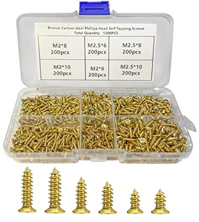 SyiXute 1200 Stück Kleine Selbstschneidende Schrauben,M2/M2.5 Kleine Schrauben,6mm/8mm/10mm Flachkopf Kreuzkopf Blechschrauben Schrauben Set Für Elektronisches Zubehör Scharnier Armaturen (Gold)