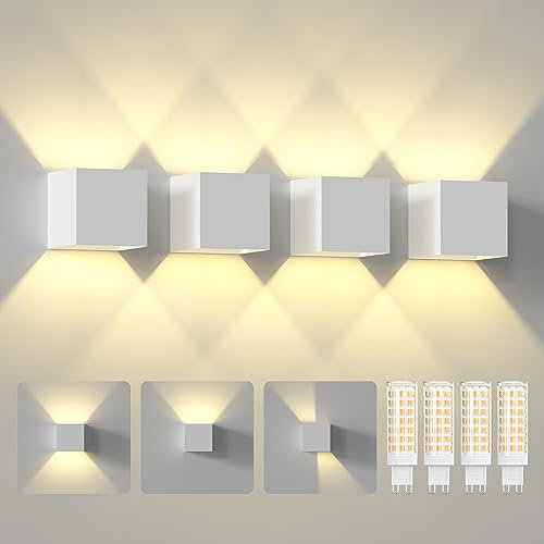 ChangM Wandleuchte Innen Aussen 7W LED Wandlampe mit Einstellung des Blattwinkels, IP65 Wandleuchte Weiße Schale mit Ersetzbaren G9 LED Birne, Warmweiß 3000K, 4 Stücke