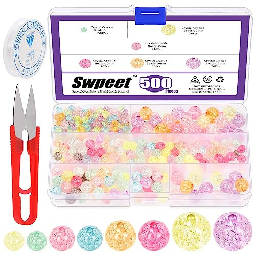 Sweet Lot de 502 perles Rondes en Verre Craquelé - 6, 8, 10, 12 millimètre Couleur Arc-en-Ciel, Espacement Élastique