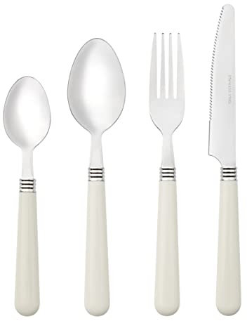 Baroni Home Juego de 24 Cubiertos de Mesa de Acero Inoxidable, Cubiertos Con Mango de Plástico para 6 Personas, Lavables en Lavavajillas, Tenedor, Cuchillo, Cuchara, Cucharita, Blanco