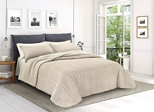 Tata Home Trapunta Coperta Piumone Invernale Caldissimo Imbottito 570 gr/mq in Pile Velluto 3D e Agnellato Sherpa Letto Matrimoniale 2 Piazze 260x260 cm Made in Italy MOD. Zigzag Glitter Beige Sabbia