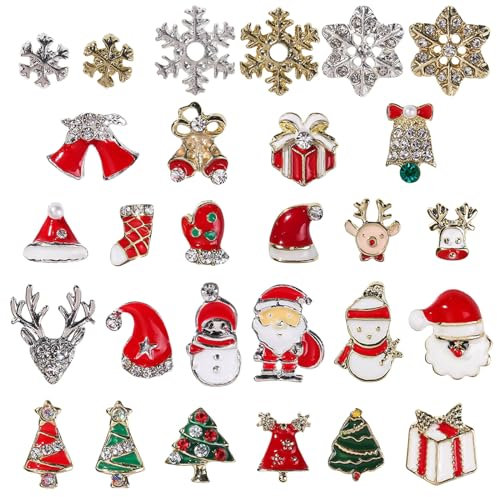 3D Christmas Nail Art Charms, 28 Pcs Metal Nail Studs Snowflake Santa Elk Snowman Christmas Nail Rhinestones and Gems Nail Jewelry for Nail Art Decorations DIY Crafts (Multi-Colored A)