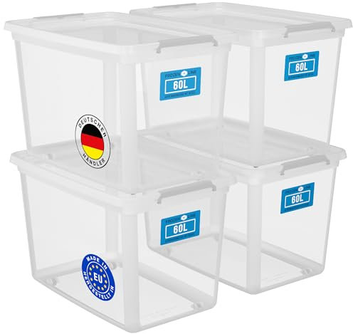 ATHLON TOOLS 4x 60 L Aufbewahrungsboxen mit Deckel, lebensmittelecht - Verschlussclips - 100% Neumaterial Plastik-Box transparent - Kleiderboxen stapelbar