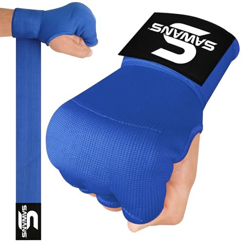 Box-Handbandagen Innenhandschuhe zum Schutz der Hände Lange Handgelenkriemen elastisch gepolstert Kampfsport-Kampfhandschuhe Boxsack-Trainings-Gel-Pratzen Muay Thai MMA Kinder (Blau, L/XL)