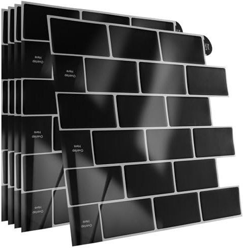 YAYODS 5 Sheets Self Adhesive Wall Tiles, 3D Peel and Stick Wall Tiles for Kitchen and Bathroom, Stick on Tiles Backsplash Splashback Tiles for Walls, Black Metro Subway Tiles (12x12)