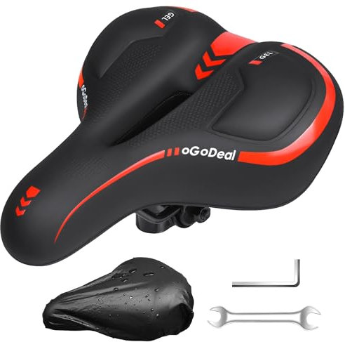 oGoDeal Selle de vélo ergonomique large avec coussinet en gel 2.0, couche de silicone absorbant les chocs, pour homme et femme, ville, montagne, vélos de route, vélos électriques (rouge/noir)