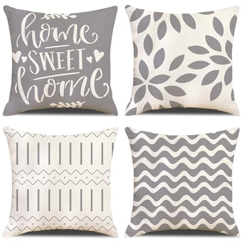 GYISANA 4er Set Dekorativ Kissenhülle Baumwolle Leinen Kissenbezug Dekokissen Sofakissen für Couch, Auto, Schlafzimmer 45x45 cm (Grau Geometrie)
