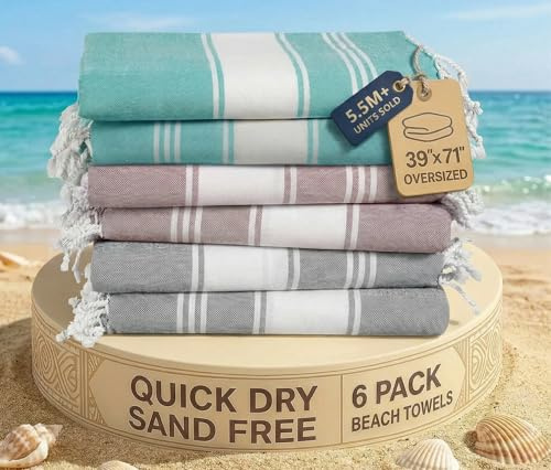 LANE LINEN Pool Towels, Turkish Beach Towels Oversized Set of 6, Pre-Washed, No Shrink, Quick Dry Travel Towel, Beach Towel for Women, Absorbent & Sand Free Towel, 39x71 - Summer Color