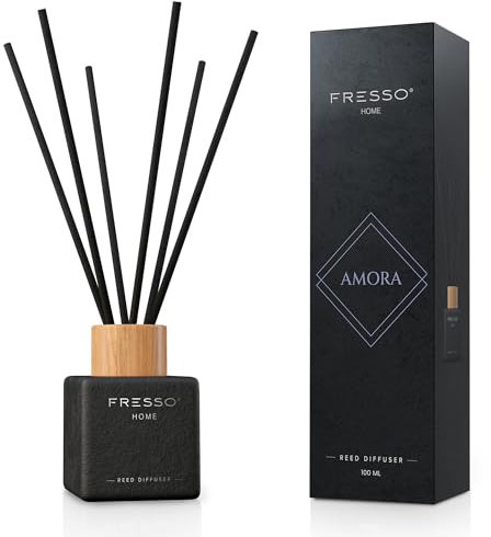 FRESSO Reed Diffuser | Diffuser mit Stäbchen I Raumduft | Duftstäbchen modernes Stein Design | 100ml (Amora 100 ml)