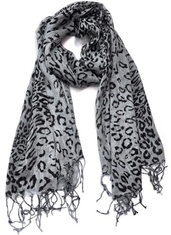 Generisch Damen Stola Schal Halstuch Tuch Langschal Fransen Lang schal mit Leo Leopard Muster Accessoires (A Grau)