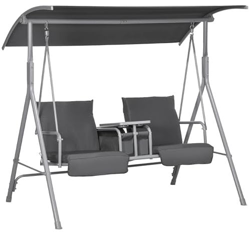 Outsunny Dondolo da Esterno con Tavolino e Portabicchieri Centrale, Dondolo 2 Posti in Metallo con Tettuccio in Poliestere, 175 x 112 x 158 cm, Grigio