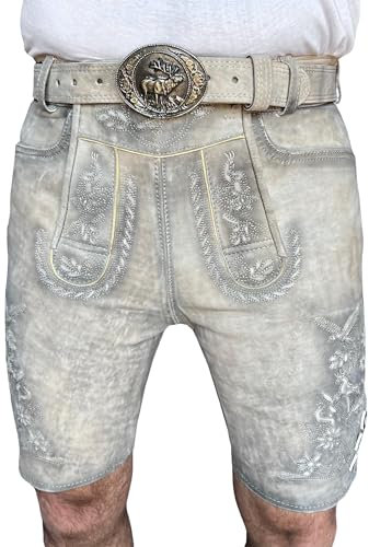 Sterling Sports Herren Lederhose Kurz Antik Mit Gürtel - Traditionelle Lederhose Für Herren, Oktoberfest Lederhosen Set - Trachtenhose Faschingskostüme Männer Shorts (Grau-54)