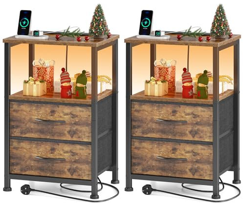 Yornoli Set of 2 Bedside Table with Charging Station 40cm Wide Bed Side Table for Bedroom with Fabric Drawers Small End Tables with Led Lights for Living Room Small Spaces Rustic Brown