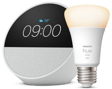 Echo Spot | Glacier White + Philips Hue White A60 Smart LED Light Bulb (E27), Works with Alexa - Smart Home Starter Kit