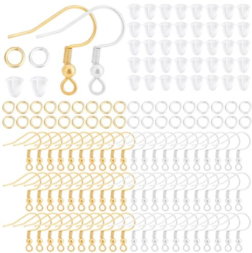 Beebeecraft 1 Box 200Pcs Earring Hooks Finding Kit Real 18K Gold Plated 925 Sterling Silver Plated 304 Stainless Steel Metal Jump Rings Plastic Ear Nuts Supplies Kits for DIY Jewelry Making Earrings
