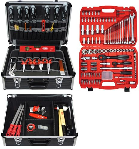 FAMEX 440-23 Werkzeugkoffer gefüllt mit Werkzeug Set und Steckschlüsselsatz - ERWEITERBAR - Werkzeugkasten in Profi Qualität, abschließbar, Kapazität 24kg