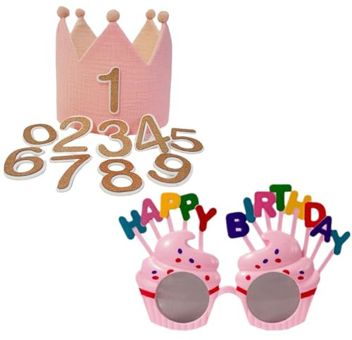 QFEHTHSK 1 Stück Geburtstagskrone Für Kinder, 1 Stück Happy Birthday-Brille, Musselin-Geburtstagskrone, Geburtstagskrone Mit Zahlenaufnäher, Verstellbarer Kronenhut, Geburtstagsparty-Dekorationshut
