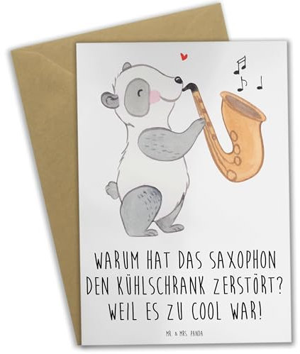 Mr. & Mrs. Panda Grußkarte Saxophon Kühlschrank - Geschenk, witziges Zitat, Musikfans, Taufe, humorvoller Spruch, Oma, Instrumente, Melodien, Herausforderung, cool, Mädchen, Junge, Musikinstrument