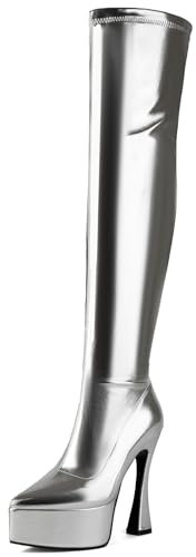 MJIASIAWA Donna Tacco A Spillo Appuntito Plateau Sopra Il Ginocchio Stivali Stretch Con Cerniera Sposa Eleganti Tacco Alto Lungo Stivali Alti Sposa Argento Numero 43 EU/45 Asiatico