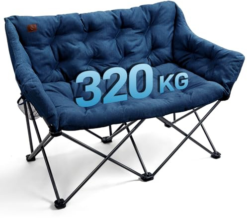 EVER ADVANCED Camping Chair Double for Adults 6cm Padded 320kg Blue | Folding 2 Seater Sofa with Side Pocket Dining Garden Outdoor Heavy Duty Luxury Fishing Chair Portable Oversized Comfy