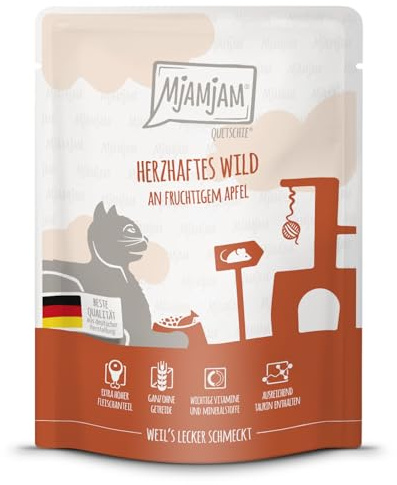 MjAMjAM - Premium Nassfutter für Katzen - Quetschie - herzhaftes Wild an fruchtigem Apfel, 1er Pack (1x300g), getreidefrei