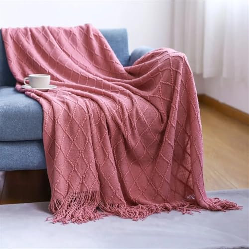 Nordic Knit Plaid Überwurfdecke, superweiche Tagesdecke mit Quasten, Queen-Size-Größe, Rosa