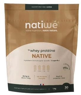 NATIWÉ - Whey Protéine Native - Goût Nature - Prise De Masse - Meilleure Densité Osseuse, Récupération & Performance - 22,2% De BCAA - Lait De Vache Français - 24g De Protéines Par Dose - Sachet 1kg