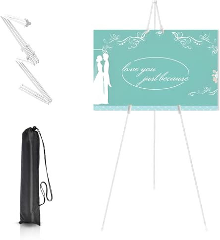 Display Easel Stand for Wedding Sign, Portable Folding Adjustable Easel Floor Art Easel, Easy to Carry Tripod & Canvas Stand Art Easel for Painting Canvas, Wedding Signs, Exhibition, Posters (White)