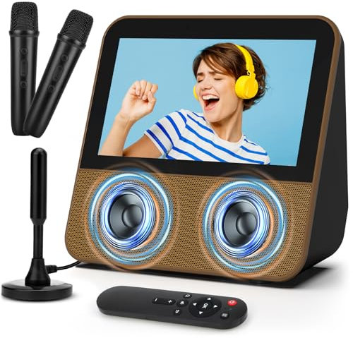TURNRISE Televisor pequeño portátil, pantalla táctil HD 1080P de 7 pulgadas, máquina de karaoke con 2 micrófonos inalámbricos, TV digital/reproductor multimedia USB/altavoz Bluetooth para el hogar,