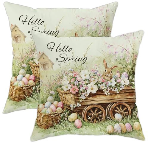 Hello Spring Kissenbezüge, Osterhasen-Blumendekor, Vintage-Kissenbezüge für Zuhause, Sofa, Couch, Bett, Dekoration, 40,6 x 40,6 cm, 2 Stück