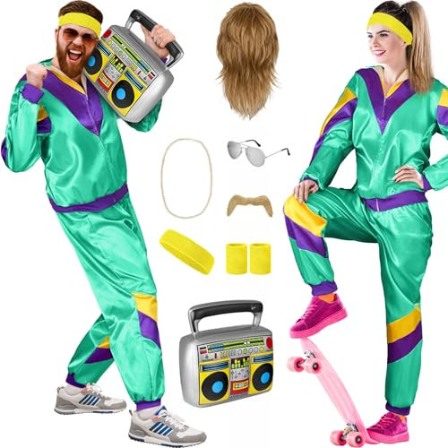 Balinco 80er Jahre Outfit Damen/Herren, Trainingsanzug Karneval Kostüm Set, Vokuhila Perücke, Bart, Kette, Pilotenbrille, Schweißbänder, Ghettoblaster (Mint I Lila I Gelb, XL)