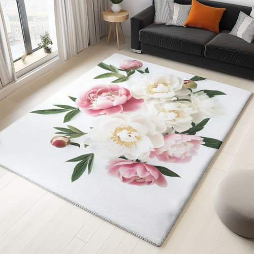 Teppich Für Wohnzimmer Schlafzimmer Schöne Pfingstrose Weiche Waschbare rutschfeste Teppich Flanell Fußmatte Kinderzimmer Bodenmatte Dekoration 180 X 270 cm, Weiß