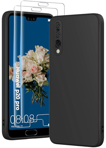 PuyaTeya 3 in 1 Hülle für Huawei p20 pro, mit 2 Stück 9H Panzerglas Premium Liquid Silikon Hülle, mit 4-Layer stoßfeste abriebfestes, Soft Mikrofaserfutter Kratzfes Schutzhülle (Tiefschwarz)