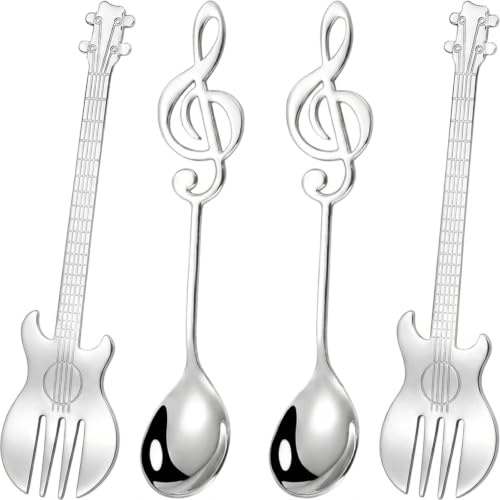 Lot de 4 cuillères à café en forme de guitare et notes de musique | Cuillère à thé en acier inoxydable pour thé, lait, café, dessert, boisson, milkshake
