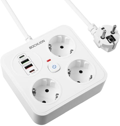 BOCHLION Multiprise avec 4 USB, 3 Prises Multiprise avec Interrupteur et Parafoudre, Prise Multiple Multiprises Murale avec PD20W et QC3.0, Câble 1.8m 3250W/13A pour Bureau Cuisine-Blanc