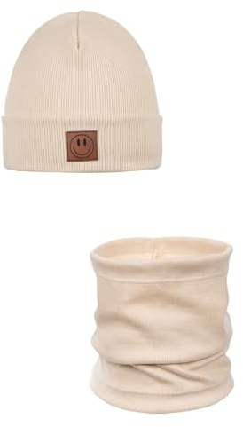 Ander Beanie Kinder und Loop Schal Set SMILE – Beanie & Schlauchschal aus Baumwolle – Frühling Herbst – Unisex Jungen Mädchen – Weich und Stylisch 52-56 BEIGE