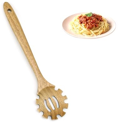LINTRA Nudellöffel, 33 cm Nudelkelle Hohe Qualität mit Zähnen, Kochlöffel mit Loch, Holz Spaghettizange Hängbar für Pasta, Ravioli, Kochen
