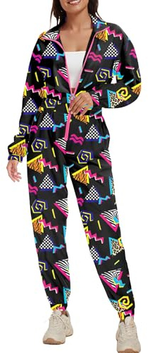 UOUA 80er-Jahre-Outfit für Frauen 94er-Jahre-Kostüm Jumpsuits Langarm Windbreaker Einteiliger Party-Trainingsanzug Schwarz Druck M