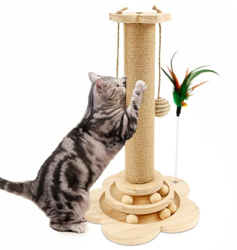 Harupink Arbre à chat 4 en 1, 46 cm de haut, avec jouets et interactifs, tronc en sisal naturel antidérapant, griffoir pour chatons et chats adultes normaux