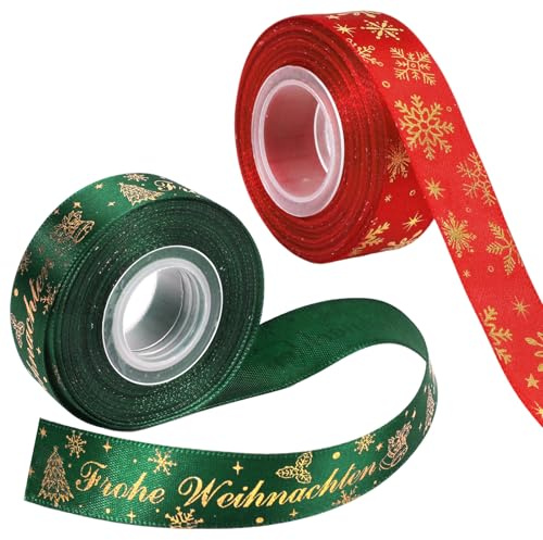 DPKOW 18.3m Deutsch Geschenkband Weihnachten Schleifenband Rot Grün Weihnachtsband für Weihnachtsbaum Deko Weihnachtsschleifen, Glitzer Satinband Geschenk Deko Weihnachten, 2 Rollen (9.14m/Rollen)