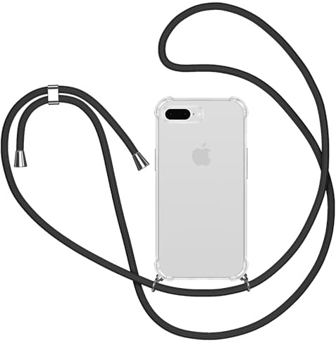 Knrlqim Coque pour iPhone 7 Plus/8 Plus avec Cordon,Etui avec Collier Transparente Silicone Housse avec Réglable Téléphone Étui Portable Lanyard Case Protection Cover pour iPhone 7 Plus/8 Plus,Noir